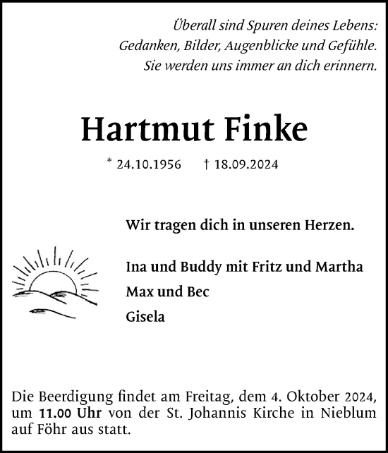 Traueranzeige von Hartmut Finke von Der Insel-Bote