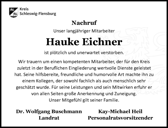 Traueranzeige von Hauke Eichner von Schleswiger Nachrichten, Schlei-Bote