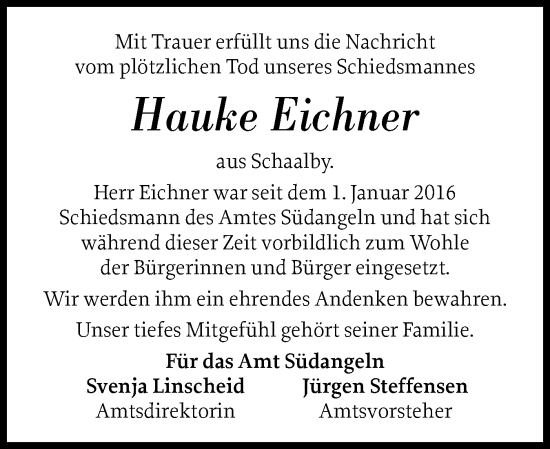 Traueranzeige von Hauke Eichner von Schleswiger Nachrichten, Schlei-Bote