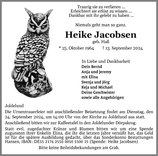 Traueranzeige von Heike Jacobsen von Husumer Nachrichten, Nordfriesland Tageblatt