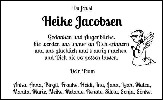 Traueranzeige von Heike Jacobsen von Husumer Nachrichten, Nordfriesland Tageblatt