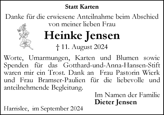 Traueranzeige von Heinke Jensen von Flensburger Tageblatt