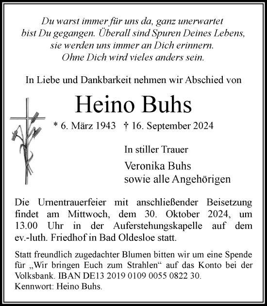 Traueranzeige von Heino Buhs von Stormaner Tageblatt