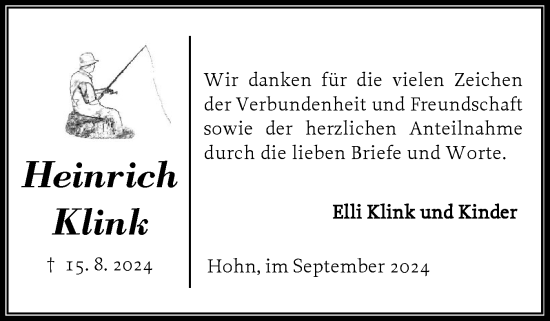 Traueranzeige von Heinrich Klink von Schleswig-Holsteinische Landeszeitung