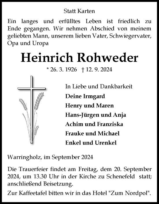 Traueranzeige von Heinrich Rohweder von Norddeutsche Rundschau, Wilstersche Zeitung, Glückstädter Fortuna