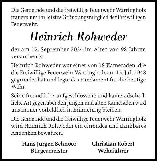 Traueranzeige von Heinrich Rohweder von Norddeutsche Rundschau, Wilstersche Zeitung, Glückstädter Fortuna