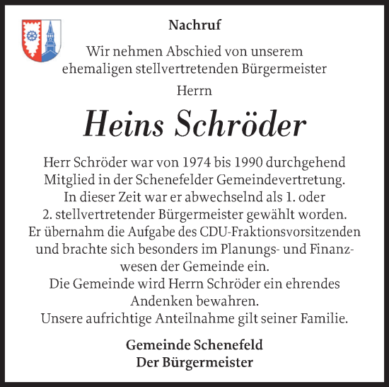 Traueranzeige von Heins Schröder von Norddeutsche Rundschau, Wilstersche Zeitung, Glückstädter Fortuna