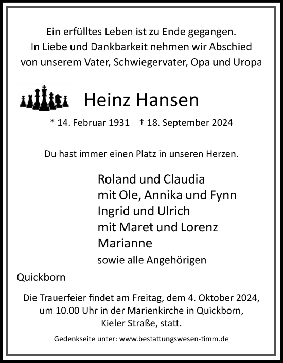 Traueranzeige von Heinz Hansen von Region Pinneberg und tip Pinneberg