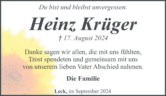 Traueranzeige von Heinz Krüger von Husumer Nachrichten, Nordfriesland Tageblatt