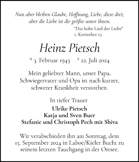 Traueranzeige von Heinz Pietsch von Norddeutsche Rundschau, Wilstersche Zeitung, Glückstädter Fortuna