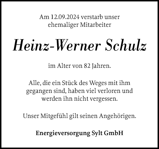 Traueranzeige von Heinz-Werner Schulz von Sylter Rundschau