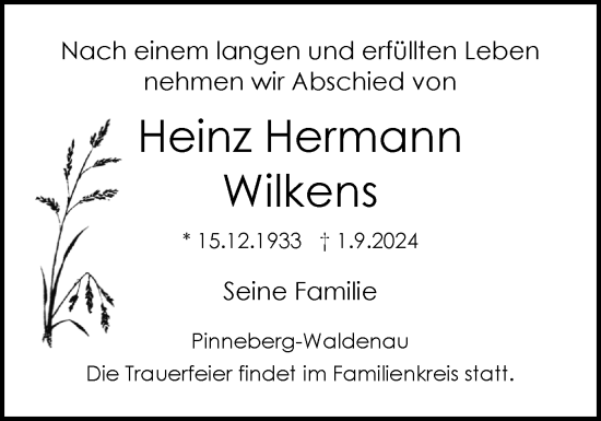 Traueranzeige von Heinz Hermann Wilkens von Region Pinneberg und tip Pinneberg