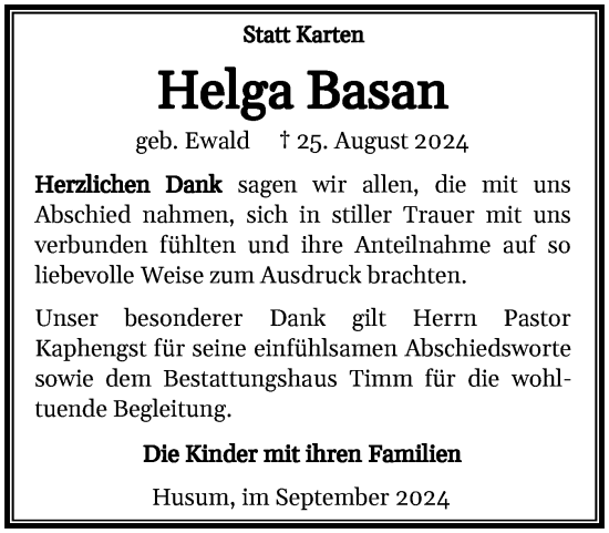 Traueranzeige von Helga Basan von Husumer Nachrichten, Nordfriesland Tageblatt