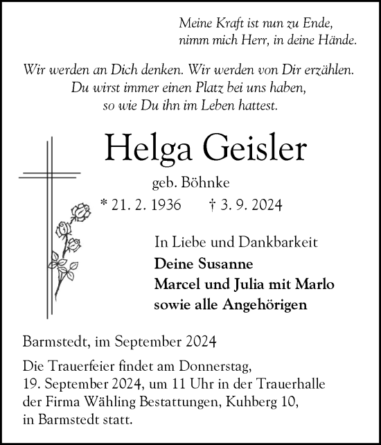 Traueranzeige von Helga Geisler von Elmshorner Nachrichten, Barmstedter Zeitung