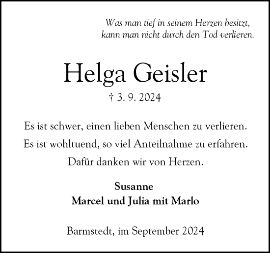 Traueranzeige von Helga Geisler von Elmshorner Nachrichten, Barmstedter Zeitung