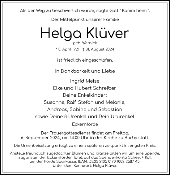 Traueranzeige von Helga Klüver von Eckernförder Zeitung