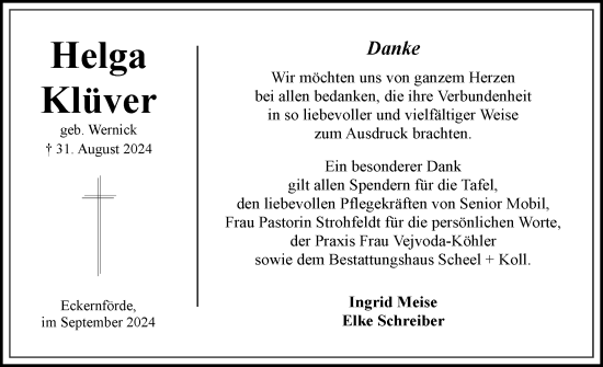 Traueranzeige von Helga Klüver von Eckernförder Zeitung, Hallo Eckernförde