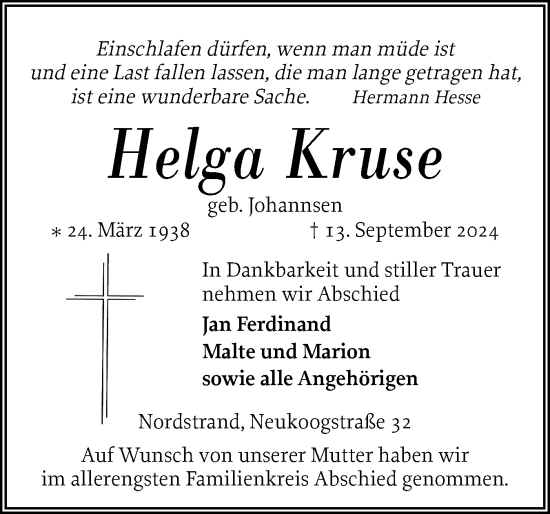 Traueranzeige von Helga Kruse von Husumer Nachrichten, Nordfriesland Tageblatt