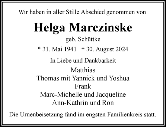 Traueranzeige von Helga Marczinske von Stormaner Tageblatt