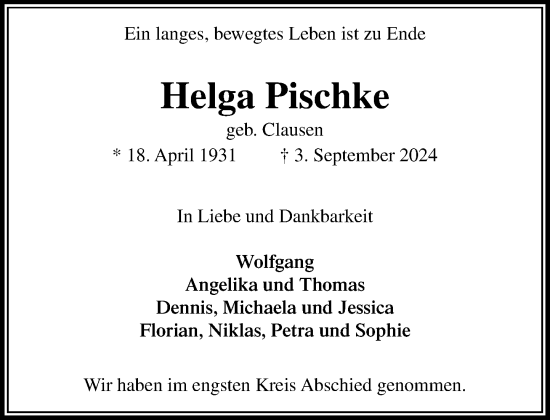 Traueranzeige von Helga Pischke von Stormaner Tageblatt