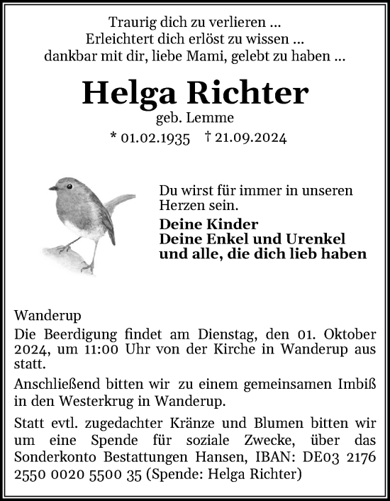 Traueranzeige von Helga Richter von Flensburger Tageblatt