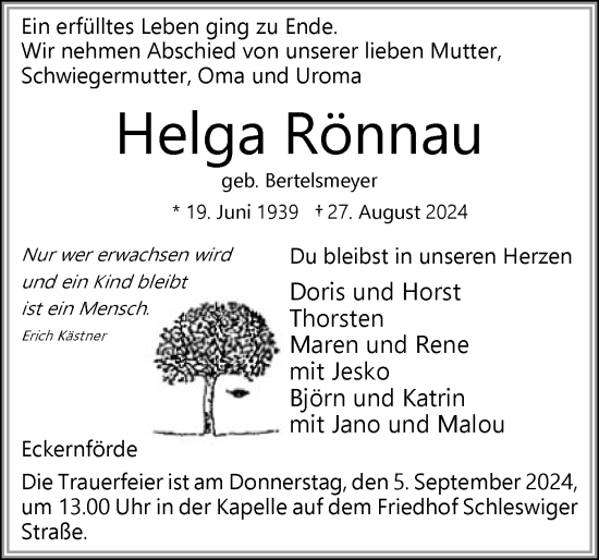 Traueranzeige von Helga Rönnau von Eckernförder Zeitung, Hallo Eckernförde