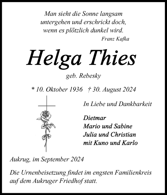 Traueranzeige von Helga Thies von Schleswig-Holsteinische Landeszeitung