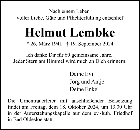 Traueranzeige von Helmut Lembke von Stormaner Tageblatt