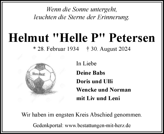 Traueranzeige von Helmut Petersen von Flensburger Tageblatt