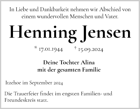 Traueranzeige von Henning Jensen von Norddeutsche Rundschau, Wilstersche Zeitung, Glückstädter Fortuna