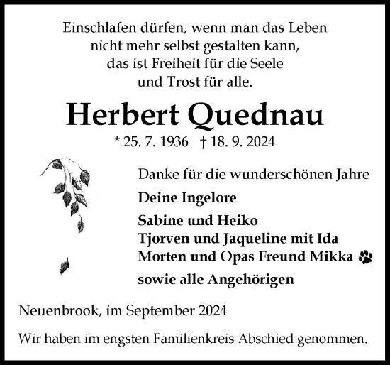 Traueranzeige von Herbert Quednau von Norddeutsche Rundschau, Wilstersche Zeitung, Glückstädter Fortuna