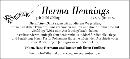 Traueranzeige von Herma Hennings von Husumer Nachrichten, Nordfriesland Tageblatt