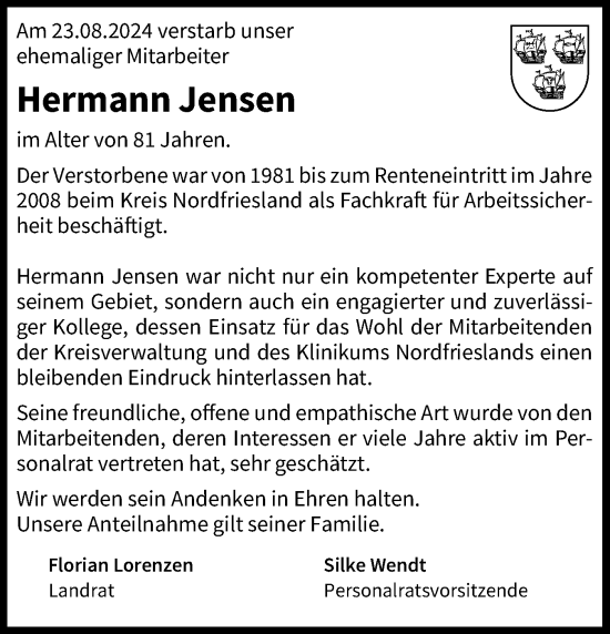 Traueranzeige von Hermann Jensen von Husumer Nachrichten, Nordfriesland Tageblatt