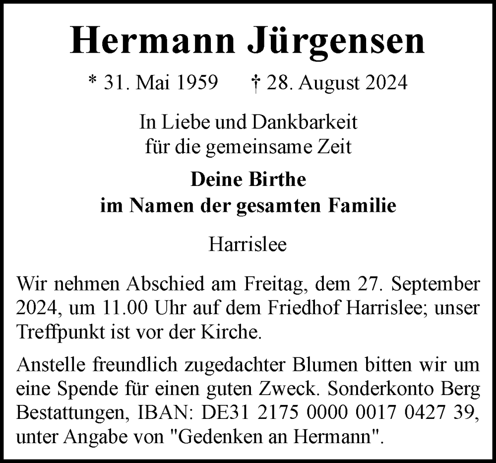  Traueranzeige für Hermann Jürgensen vom 07.09.2024 aus Flensburger Tageblatt