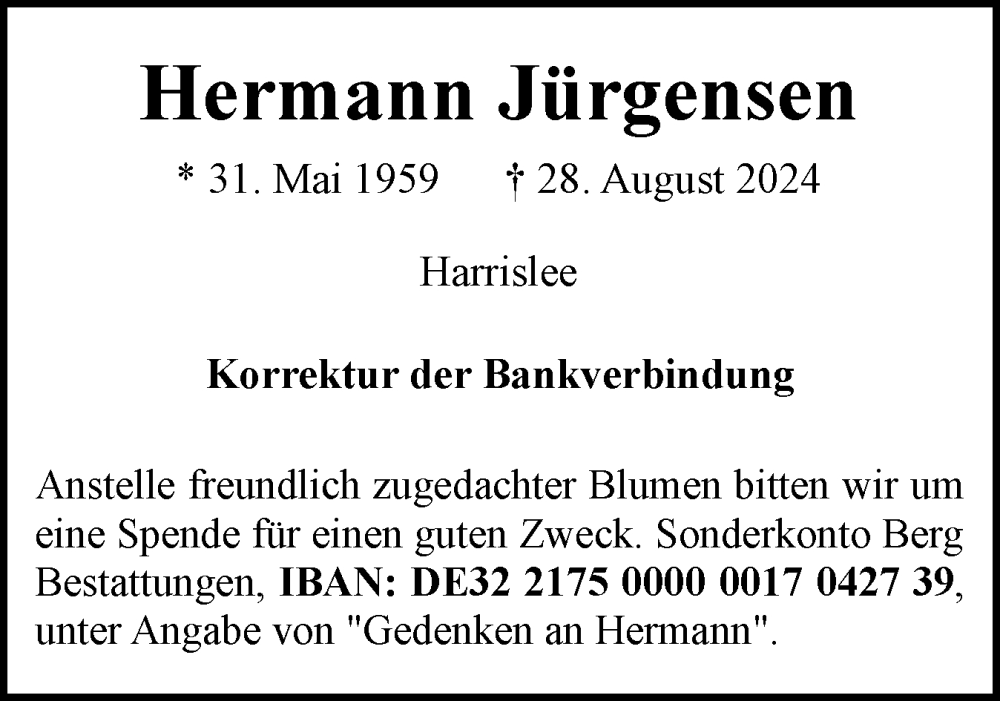  Traueranzeige für Hermann Jürgensen vom 11.09.2024 aus Flensburger Tageblatt