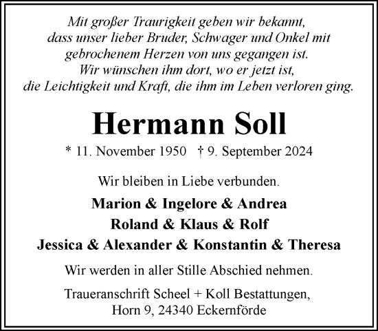 Traueranzeige von Hermann Soll von Eckernförder Zeitung, Hallo Eckernförde