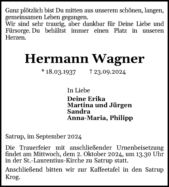 Traueranzeige von Hermann Wagner von Flensburger Tageblatt