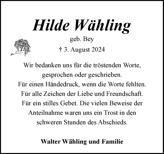 Traueranzeige von Hilde Wähling von Elmshorner Nachrichten, Barmstedter Zeitung