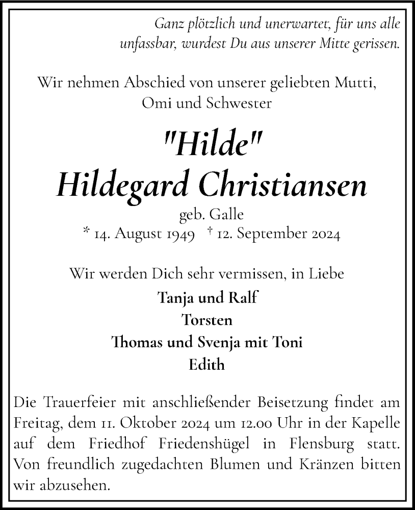  Traueranzeige für Hildegard Christiansen vom 28.09.2024 aus Flensburger Tageblatt