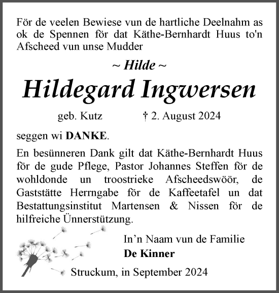 Traueranzeige von Hildegard Ingwersen von Husumer Nachrichten, Nordfriesland Tageblatt