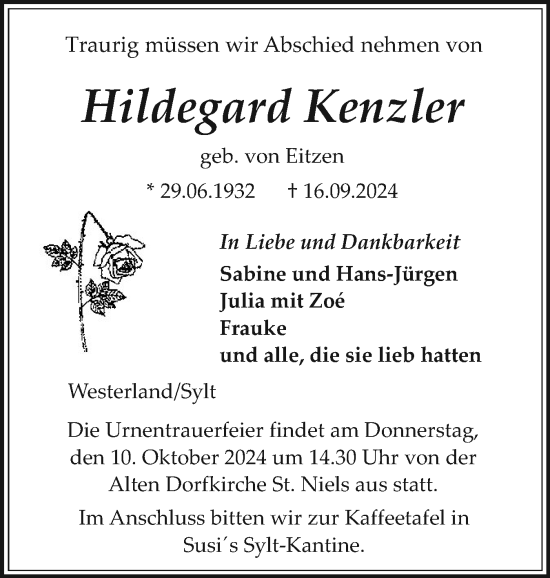 Traueranzeige von Hildegard Kenzler von Sylter Rundschau