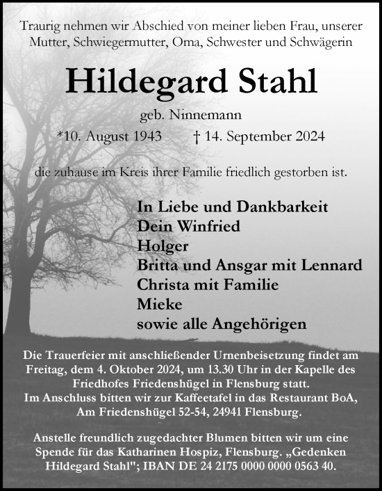 Traueranzeige von Hildegard Stahl von Flensburger Tageblatt