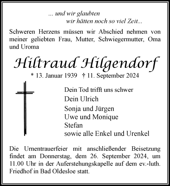 Traueranzeige von Hiltraud Hilgendorf von Stormaner Tageblatt