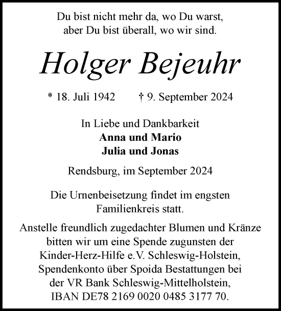 Traueranzeige von Holger Bejeuhr von Schleswig-Holsteinische Landeszeitung