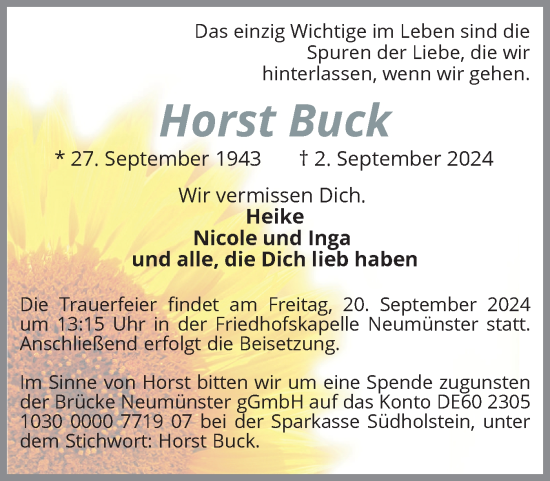 Traueranzeige von Horst Buck von Holsteinischer Courier