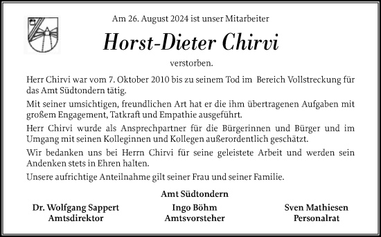 Traueranzeige von Horst-Dieter Chirvi von Husumer Nachrichten, Nordfriesland Tageblatt