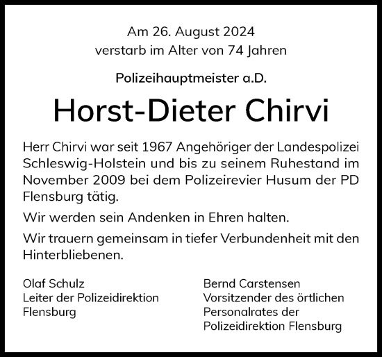 Traueranzeige von Horst-Dieter Chirvi von Husumer Nachrichten, Nordfriesland Tageblatt