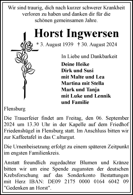 Traueranzeige von Horst Ingwersen von Flensburger Tageblatt