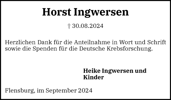 Traueranzeige von Horst Ingwersen von Flensburger Tageblatt