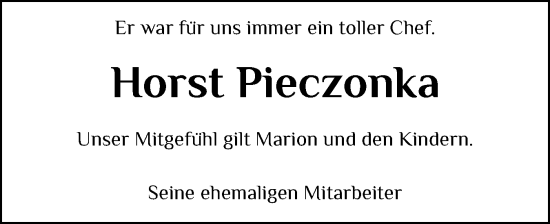 Traueranzeige von Horst Pieczonka von Husumer Nachrichten, Nordfriesland Tageblatt